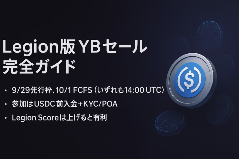 Legion版YB販売の要点。JSTで9/29 23:00先行、10/1 23:00先着。KYCとPOAは90日以内の書類が必要。販売は$0.20で2,500万YB（2.5%）・上限$10,000。根拠はLegion公式ヘルプ（2025-09-29 JST確認）。