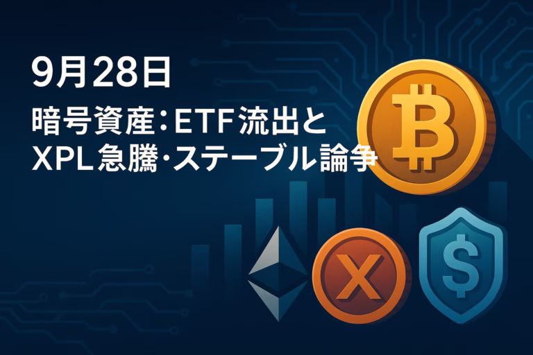 2025-09-27 JSTの主要動向。①現物ＥＴＦはＢＴＣ−4.18億＄、ＥＴＨは5日連続流出。②ＸＰＬは鯨の約3,000万＄買いで一時＋30%。数字で流れを確認。