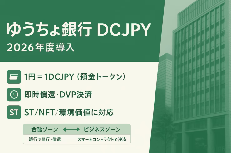 ゆうちょ銀行が2026年度にDCJPY導入予定。預金1円＝1DCJPYで即時償還、190兆円預金の活性化狙い。ST・NFT・環境価値の即時決済に利用可（2025-09-01 JST）。