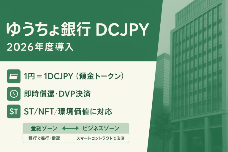 ゆうちょ銀行が2026年度にDCJPY導入予定。預金1円＝1DCJPYで即時償還、190兆円預金の活性化狙い。ST・NFT・環境価値の即時決済に利用可（2025-09-01 JST）。