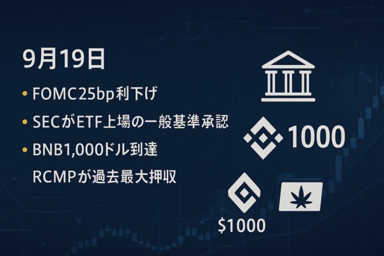 要点①FOMCが25bp利下げで4.00–4.25%。要点②SECが一般上場基準を承認しETF上場が早まる見込み。数値：BNBが$1,000到達。JST：2025-09-19 10:15。