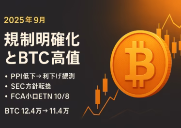 米SECがProject Cryptoで方針転換、英FCAは10/8から小口ETN解禁。BTCは8/14に12.4万ドル高値、9/10も11.4万ドル水準。