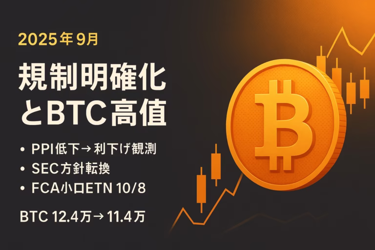 米SECがProject Cryptoで方針転換、英FCAは10/8から小口ETN解禁。BTCは8/14に12.4万ドル高値、9/10も11.4万ドル水準。