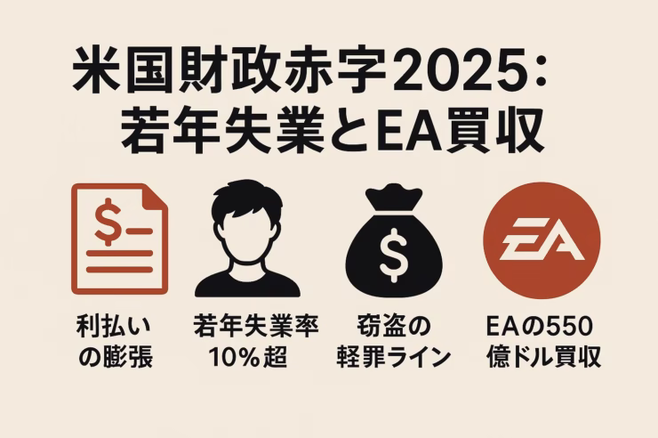 米国財政赤字は2024年度利払いが約8,800億ドルで国防費を逆転。2025年夏の若年失業率は10.8%に上昇。EAは550億ドルで非上場化へ。JST 2025-09-30時点。