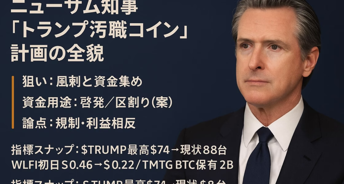 ニューサム知事が8/29に「トランプ汚職コイン」構想を発表。収益は政治団体に充当予定。$TRUMPは最高値$74→現$8台（2025/9/2 JST）。