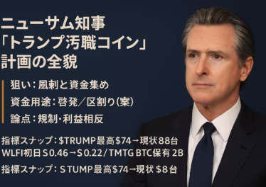 ニューサム知事が8/29に「トランプ汚職コイン」構想を発表。収益は政治団体に充当予定。$TRUMPは最高値$74→現$8台（2025/9/2 JST）。