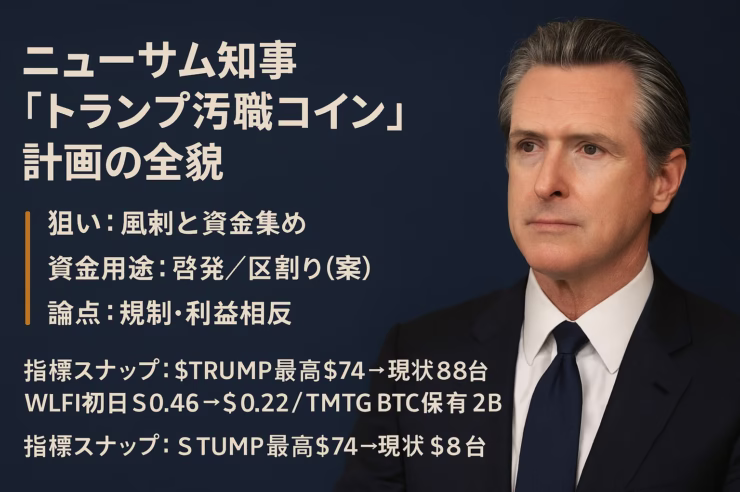 ニューサム知事が8/29に「トランプ汚職コイン」構想を発表。収益は政治団体に充当予定。$TRUMPは最高値$74→現$8台（2025/9/2 JST）。