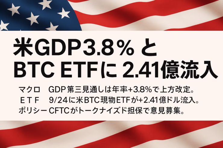9/24に米BTC現物ETFが+2.41億ドルの資金流入。今はPCE（物価指標）と金利の動きに注意。JST 2025-09-26朝時点の公表値を参照。