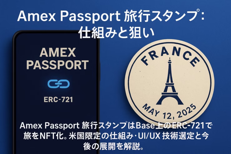 Amex PassportはUS会員向けに旅スタンプを発行。非譲渡のERC-721でBase上に保存。iOSは2025-09-18（JST）提供、Androidは数週間後予定。過去2年の遡及付与は報道ベースの情報。