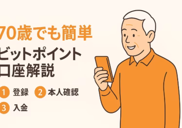 70歳でも簡単 ビットポイント口座解説」を伝える横長イラスト広告。左側に余白を広く取り、中央に大きな見出しと「①登録 ②本人確認 ③入金」の3ステップを配置。右側にはスマホを操作するシニア男性のフラットイラストを描き、ビットポイントらしいオレンジ基調で分かりやすくまとめている。