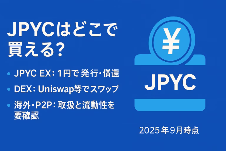JPYC購入は2025年秋からJPYC EXで等価発行（1件上限100万円）。対応チェーンはETH/Polygon/Avax、当面手数料無料。JST2025-09-12確認。