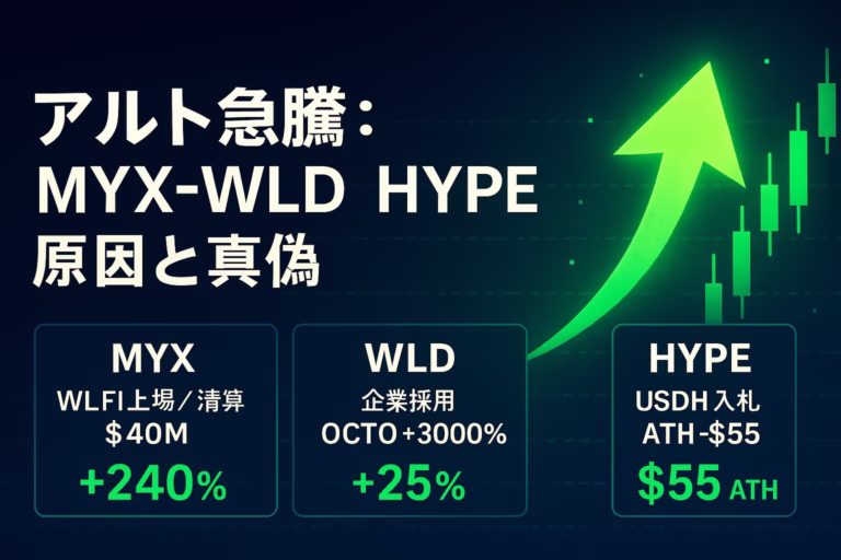 MYXはWLFI清算$40Mで24h+270%。WLDはOCTOの$250M私募で財務採用→株+3000%。HYPEはUSDH入札＋VanEck発言で55ドルATH（JST 2025-09-10）。