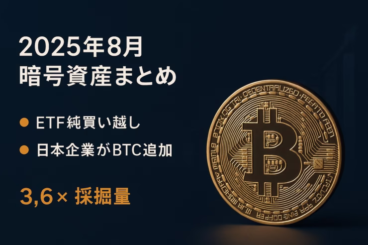2025年8月の暗号資産まとめ。ETF純買い1,620BTC（8/28）で需給強化、日本企業がBTC/XRPを積極取得。金融庁は8/18にJPYC承認方針を表明。JST9/1時点。