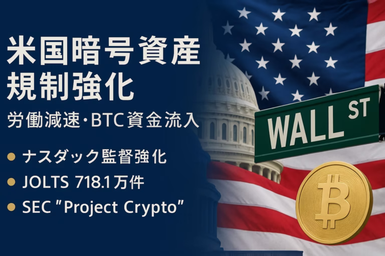 米ナスダックは新株での暗号資産購入に株主承認を義務化。7月JOLTSは7.2百万件に減少。規制強化と労働減速が同時進行（2025/9/4 JST）。