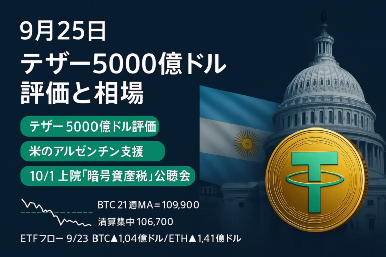 2025/09/25 JSTの要点：①テザーの「5,000億ドル評価」は協議初期で未確定、②米上院は10/1に暗号資産の課税を審議。参考値：BTCは清算集中域が約1.067万ドル付近。
