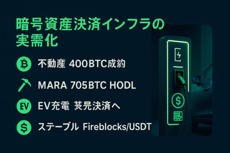 不動産400BTC成約とマイニング705BTC HODLが市場供給を圧縮。BlinkとFireblocksが決済実装、Tetherは20億USDT発行。2025/9/4時点の実需化進展。