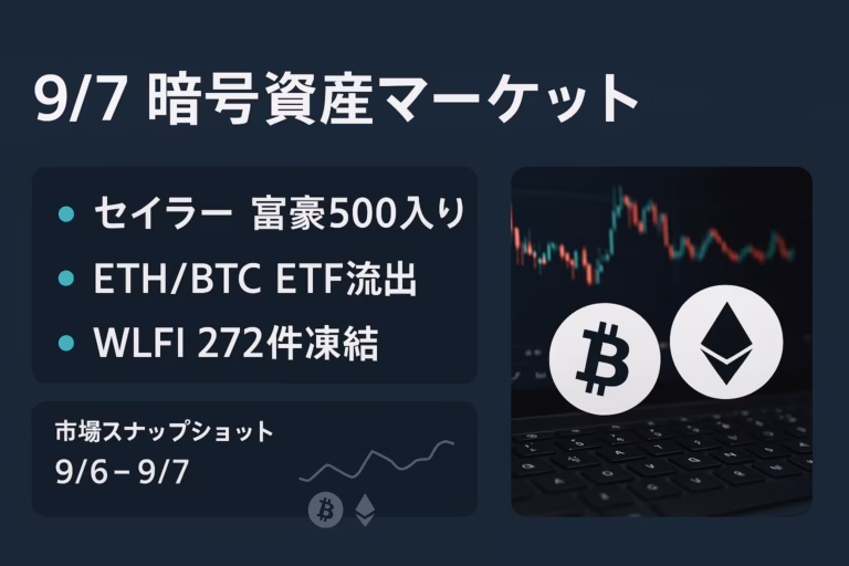 9/5にETH現物ETFは-4.47億ドル流出、BTC ETFも-1.60億ドル流出。SaylorがBloomberg富豪500入り。規制とマクロ要因に注目（2025-09-07 JST）。