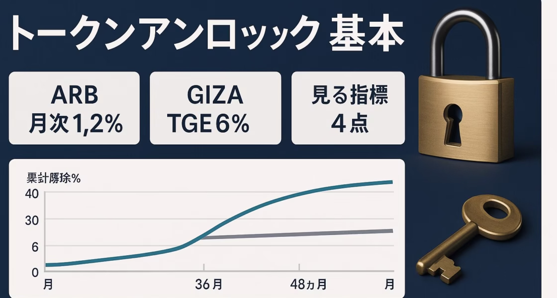 9/16（JST）にARBが約9,265万枚解除との報道。GIZAは6%即時＋36〜48ヶ月線形。重要点は解除比率と受益者属性。2025-09-18 20:00 JST基準。