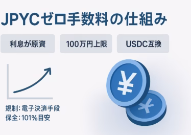 JPYCは当面、発行と償還の手数料をゼロにする方針。発行体は利息収入で運営し、円⇄JPYCの出入口は1件100万円上限。2025-09-27 JST時点の情報。