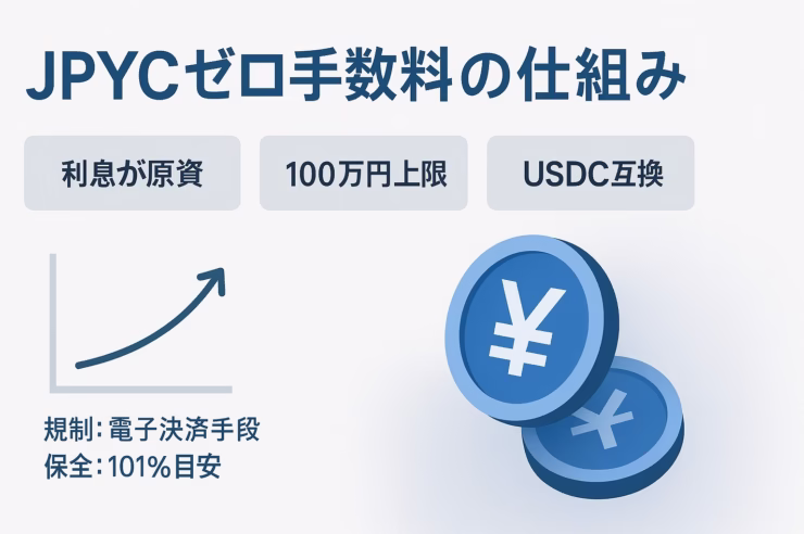 JPYCは当面、発行と償還の手数料をゼロにする方針。発行体は利息収入で運営し、円⇄JPYCの出入口は1件100万円上限。2025-09-27 JST時点の情報。