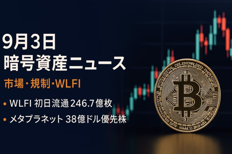 ＷＬＦＩ初日流通246.7億枚で0.40→0.20ドル反落。メタプラネットは38億ドル調達で21万BTC目標。JST 2025-09-03時点。