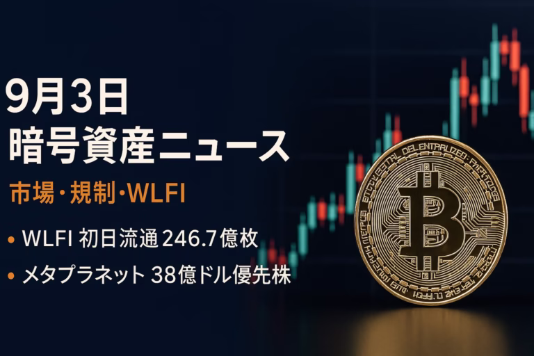 ＷＬＦＩ初日流通246.7億枚で0.40→0.20ドル反落。メタプラネットは38億ドル調達で21万BTC目標。JST 2025-09-03時点。