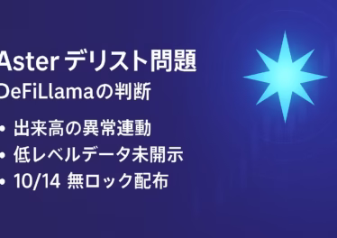 10/05（JST）にDeFiLlamaがAsterのperp出来高を除外。理由は他所とほぼ同動作＋低レベルデータ未開示。$ASTERは約10%下落、10/14に空投4%をロックなしで請求予定。