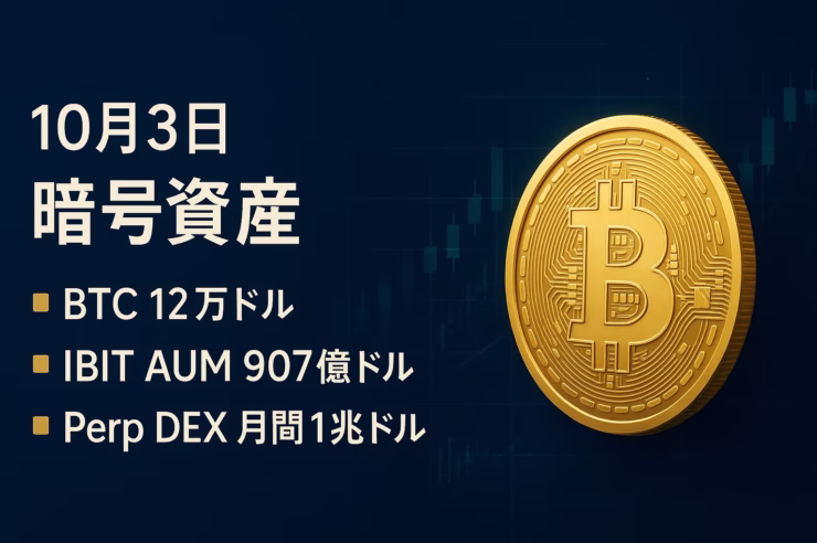 JST 2025-10-03 12:00時点。①BTCは12万〜12.1万ドルで推移、②Perp DEX月間出来高が初の1兆ドル超。数値：ETF流入+4.06億ドル（10/1）。