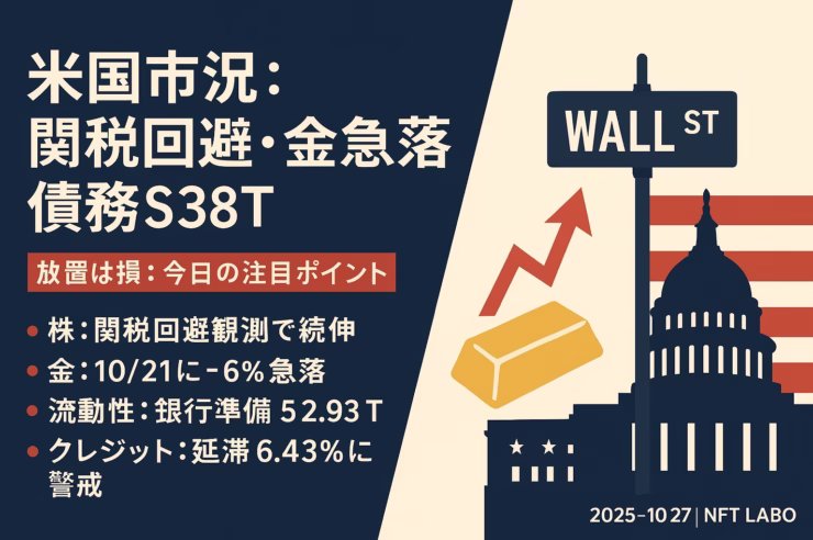 米国市況:関税回避・金急落・債務$38T 1 関税回避観測で米株は高止まり、金は10/21に-6%。米債務$38T・銀行準備$2.93Tで流動性はややタイト。サブプライム延滞6.43%も警戒(JST 10/27 11:32)。