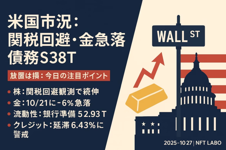 関税回避観測で米株は高止まり、金は10/21に-6%。米債務$38T・銀行準備$2.93Tで流動性はややタイト。サブプライム延滞6.43%も警戒（JST 10/27 11:32）。