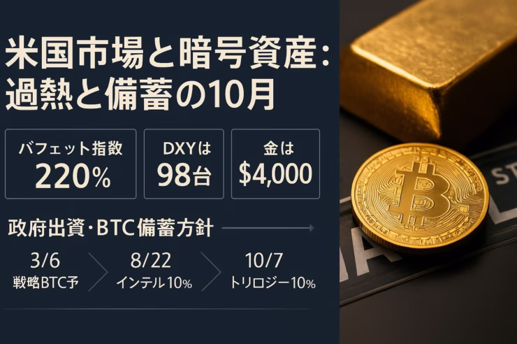2025年10月7日時点、バフェット指数220%、DXY98台、金先物$4,000突破。米政府が戦略ビットコイン予備を創設し、押収BTC約20万枚を備蓄方針へ転換（JST）。