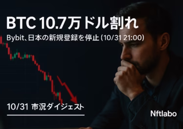10月31日 市況:BTC10.7万ドル割れ、Bybit登録停止 8 JST 10/31 21:00にBybit新規停止。BTCは10/30に$107k割れ→10/31 $108.3k〜$108.7k。Jumpの1.1M SOL→2,455 BTC、MegaETHは27.8倍応募。