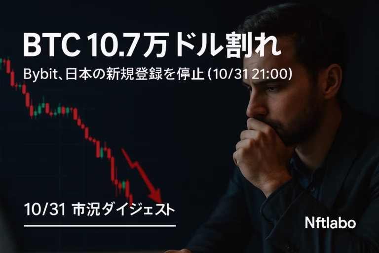 JST 10/31 21:00にBybit新規停止。BTCは10/30に$107k割れ→10/31 $108.3k〜$108.7k。Jumpの1.1M SOL→2,455 BTC、MegaETHは27.8倍応募。