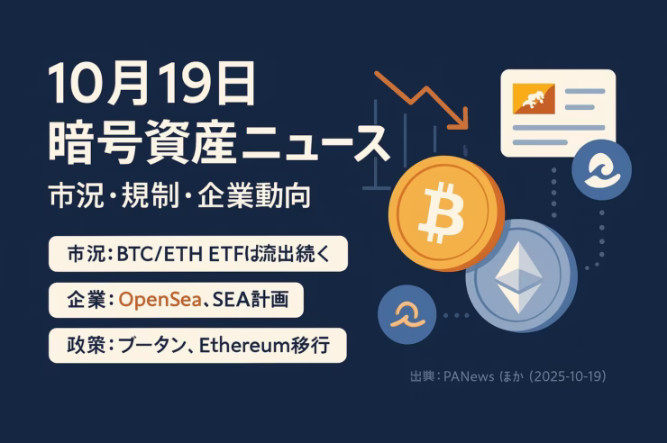 「10/19の暗号資産ダイジェスト。要点はETF資金フローの流出継続とOpenSeaのSEA計画、主要数値はBTC-$367M/ETH-$232M（10/17 ET）。JST 10/19の情報に基づく要約。」