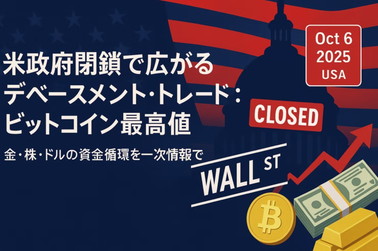 要点1：政府閉鎖で統計が止まり不確実性が上がる。要点2：BTCが過去高値、金は$3,900台。数値：BTC $125,689（米時間10/5）。作成：2025-10-07 JST。