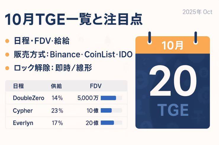 2025-10-06 JST時点のTGE概況。10月は計14件が集中し、Cypher(10/5)・Everlyn(10/6)・KGeN(10/7)が連続上場。例示の先物は最大50倍。初期流通比率と完全希薄化の評価額、偽トークン回避が要点。
