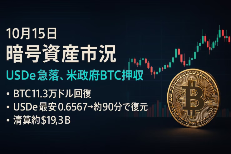 USDeは一時$0.6567（Binance）→約90分で$0.99近辺へ回復。米司法省は127,271BTCの民事没収を提起。BTCは$113,000台維持（2025-10-15 12:00 JST）。