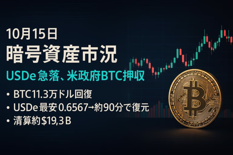 USDeは一時$0.6567（Binance）→約90分で$0.99近辺へ回復。米司法省は127,271BTCの民事没収を提起。BTCは$113,000台維持（2025-10-15 12:00 JST）。