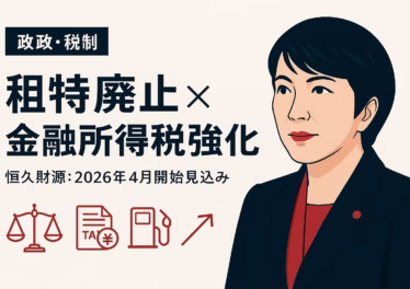 高市内閣の租特廃止と金融所得課税強化 12 租特縮減と金融所得課税強化の要点を示す画像。見出し『高市内閣の租特縮減と課税強化』。要点は恒久財源の確保とNISA整合、主要数値は20.315%。JST 10/24の整理に基づく要約。