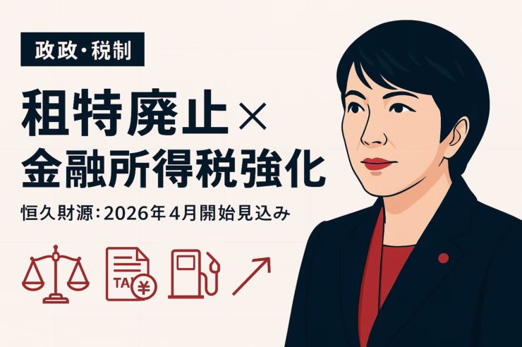 租特縮減と金融所得課税強化の要点を示す画像。見出し『高市内閣の租特縮減と課税強化』。要点は恒久財源の確保とNISA整合、主要数値は20.315%。JST 10/24の整理に基づく要約。