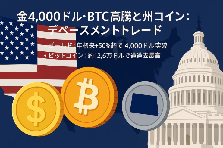 金が4,000ドル到達、BTCは10/6に$126,000台で最高値。北ダコタ州は州発コインを26年試験導入。金は年初来+54%。（2025-10-09 JST）
