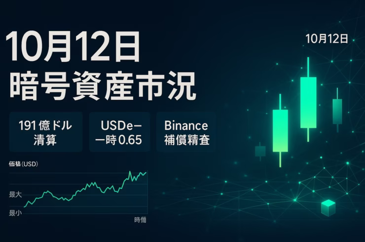10/11の急落で清算約$19.1B、USDeは一時$0.65まで乖離。@heyibinance は取引所起因の損失は個別精査と表明（2025-10-11 JST）。