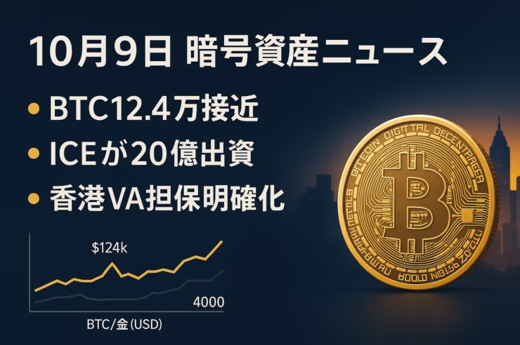 2025-10-09 10:00 JST。①ICEがPolymarketへ最大20億ドル出資を公式発表、②香港がVA担保の条件を通達。数値：BTCは12.4万ドル付近。