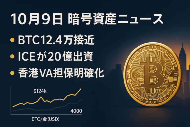 2025-10-09 10:00 JST。①ICEがPolymarketへ最大20億ドル出資を公式発表、②香港がVA担保の条件を通達。数値：BTCは12.4万ドル付近。