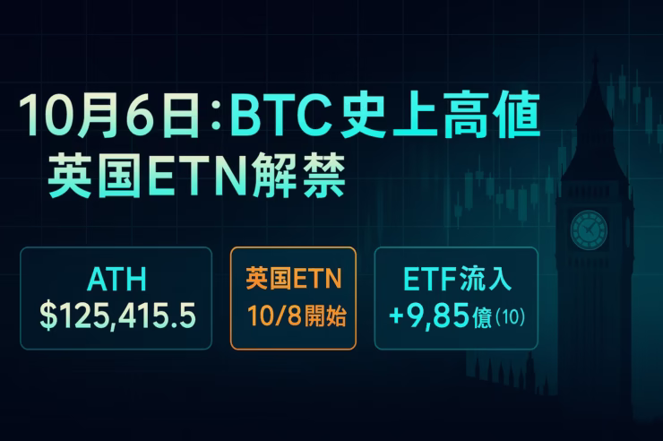 10/5 JSTにBTCはOKX表示で$125,415.5を記録。英国は10/8に小口向け暗号ETN解禁（ETFは別）。数字はETF流入+9.85億ドル（10/3 ET）。
