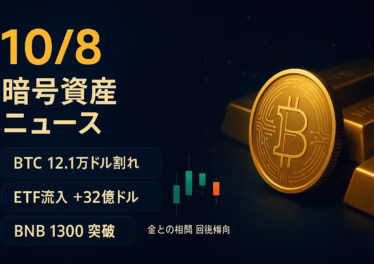 2025-10-08 JSTの市況要点。①BTCが12.1万ドルを一時割れ、ETF週次流入は約32億ドルと報じられる。②BNBは1,300超で強含み。KLINKのTGEはスコア211以上・10/7 08:00–10:00 UTC。数字は集計差に注意。