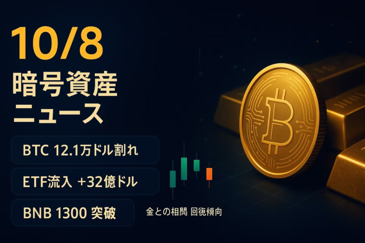 2025-10-08 JSTの市況要点。①BTCが12.1万ドルを一時割れ、ETF週次流入は約32億ドルと報じられる。②BNBは1,300超で強含み。KLINKのTGEはスコア211以上・10/7 08:00–10:00 UTC。数字は集計差に注意。