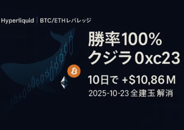 「0xc2a3の取引推移。見出し『勝率100％クジラ検証』。要点は“onchainで可視化”と“建玉0で一時退出”、主要数値は+10.86M/10d。JST 2025-10-23の情報に基づく要約。」
