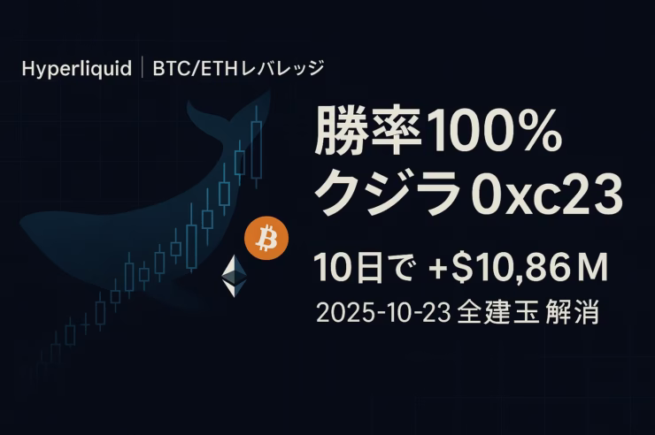 「0xc2a3の取引推移。見出し『勝率100％クジラ検証』。要点は“onchainで可視化”と“建玉0で一時退出”、主要数値は+10.86M/10d。JST 2025-10-23の情報に基づく要約。」
