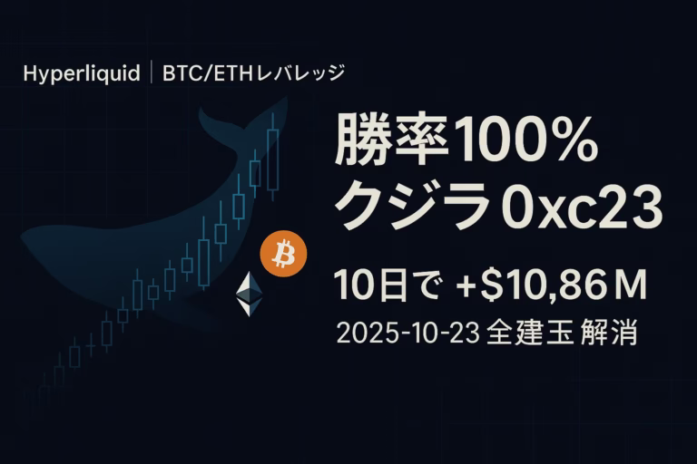 「0xc2a3の取引推移。見出し『勝率100％クジラ検証』。要点は“onchainで可視化”と“建玉0で一時退出”、主要数値は+10.86M/10d。JST 2025-10-23の情報に基づく要約。」